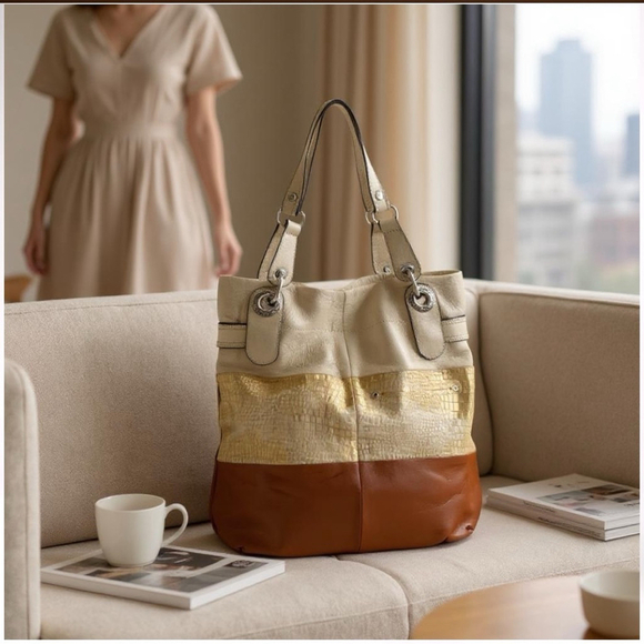 B. Makowsky Women’s Leather Tote Bag Brown/Gold/Tan One Size - Picture 3 of 11